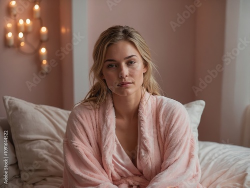 A woman in a soft girl style robe, embodying comfort and calm. Her relaxed pose and gentle expression create a cozy, serene atmosphere