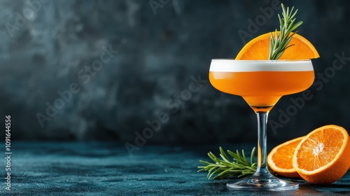 A charming cocktail garnished with a sprig of rosemary and slice of orange sits gracefully, showcasing indulgence and a zest for life experienced in each sip.