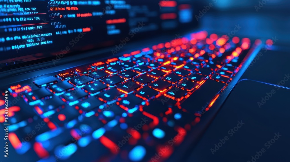 Obraz premium Cyber Security Illuminated Laptop Keyboard Code