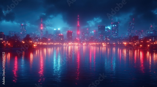 Futuristic city skyline at night, reflected in calm water.