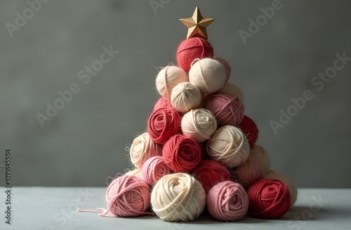 A Christmas card. A pyramid of many balls of woolen knitting threads, lying on top of each other forming a Christmas tree. The background is plain gray