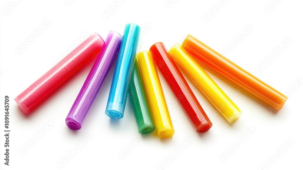 Fototapeta premium Vibrant assortment of colorful adhesive glue sticks arranged on a white background, showcasing shades of purple, blue, green, yellow, orange, and red.