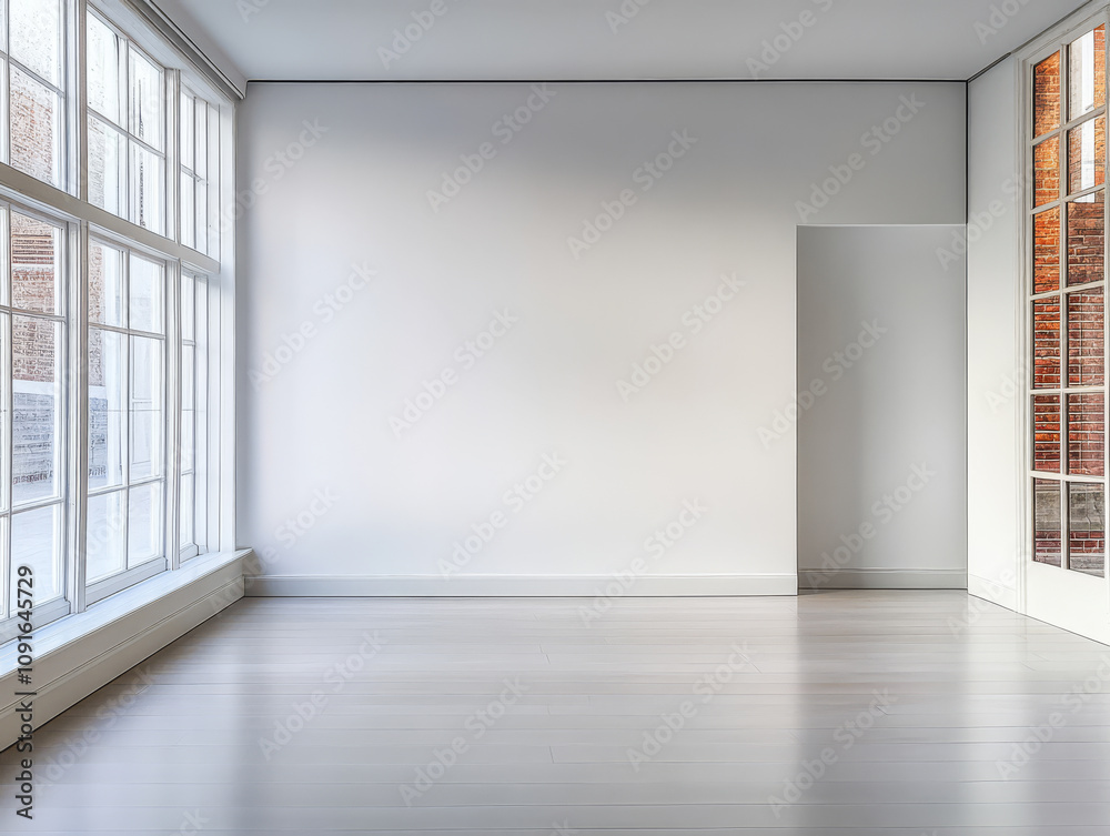 Modern empty room with large windows in a minimalist space featuring natural light