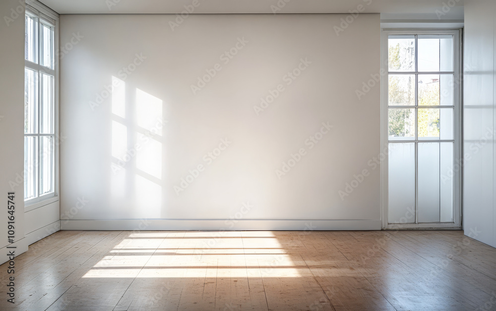 Obraz premium Bright and airy room with large windows and wooden flooring in a modern setting