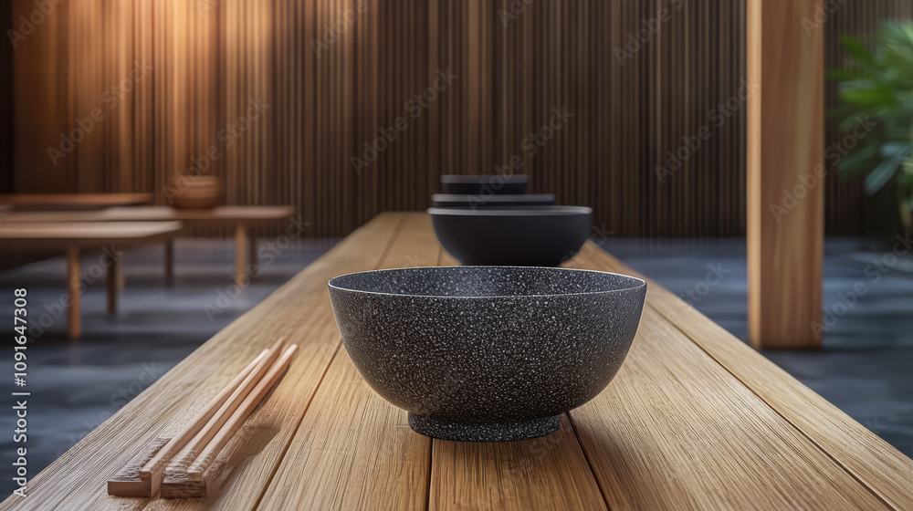 A minimalist dining setup with black bowls and chopsticks on a wooden table in a serene space A minimalist dining setup with black bowls and chopsticks on a wooden table in a serene space
