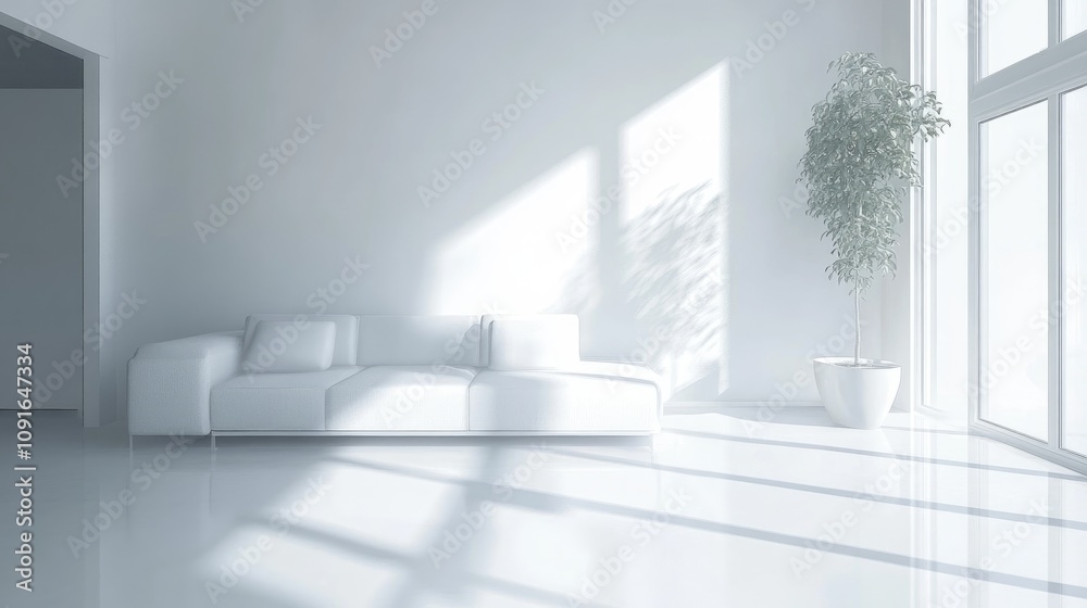 Fototapeta premium Bright and airy corner of a minimalist white living room showcasing a sleek, comfortable sofa and a vibrant potted plant bathed in soft, natural light streaming through large windows.