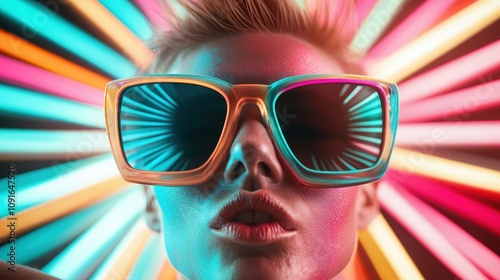 Close-up portrait wearing large multicolored glasses amidst neon light beams, capturing a sense of futurism and dynamic artistic energy. photo