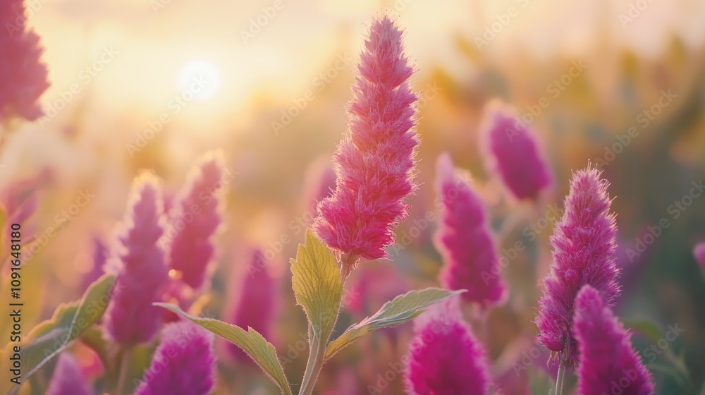 Obraz premium Vibrant amaranth flowers in soft focus, illuminated by warm sunlight, creating a serene and colorful blooming field at dusk.