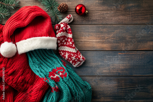 Christmas accessories including a red Santa hat, knitted scarf, festive mitten, and decorations on a rustic wooden background photo