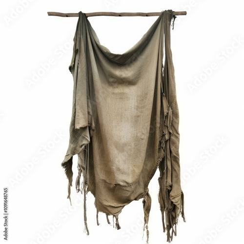 Old, torn, and ragged fabric canvas is hanging on a wooden stick, creating a captivating image of rustic simplicity