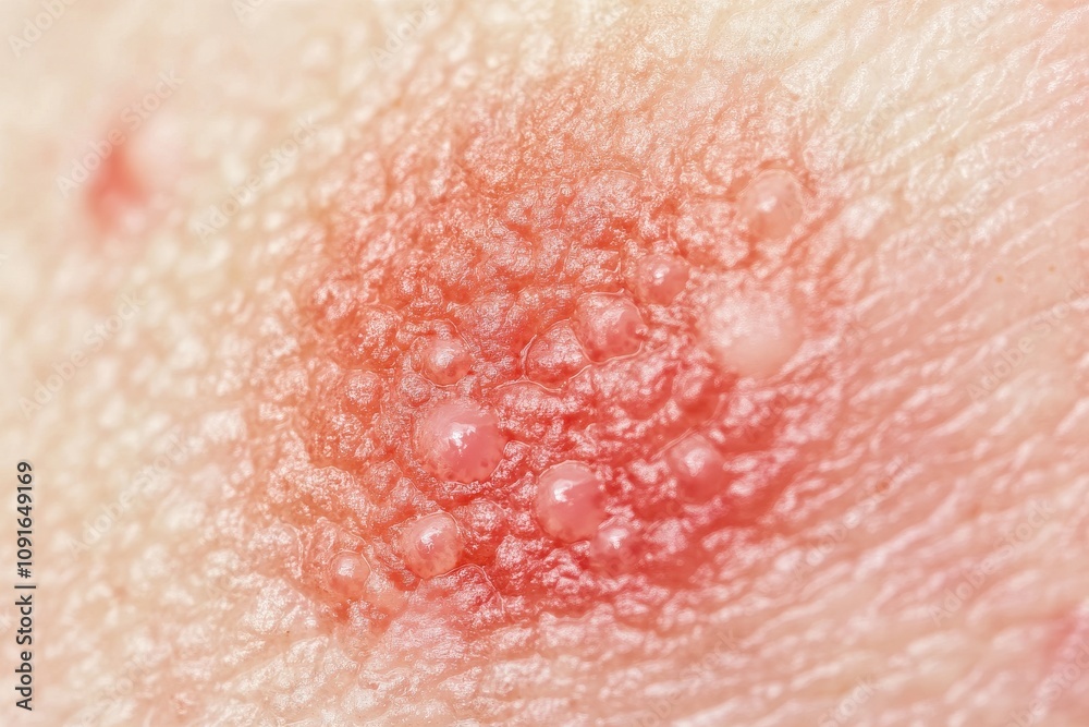 Fototapeta premium Skin condition showing blister-like lesions on surface with redness and irritation in clinical setting