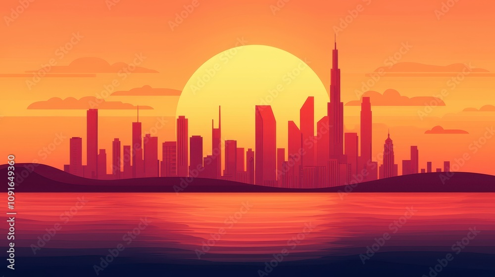 Obraz premium Stunning Cityscape Sunset Modern City Skyline Illustration