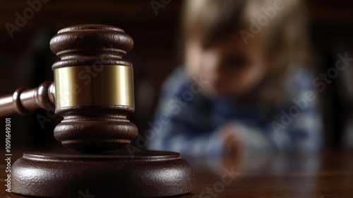 Close-up of a judge's gavel with a blurred child in the background symbolizing child custody and legal decisions affecting families