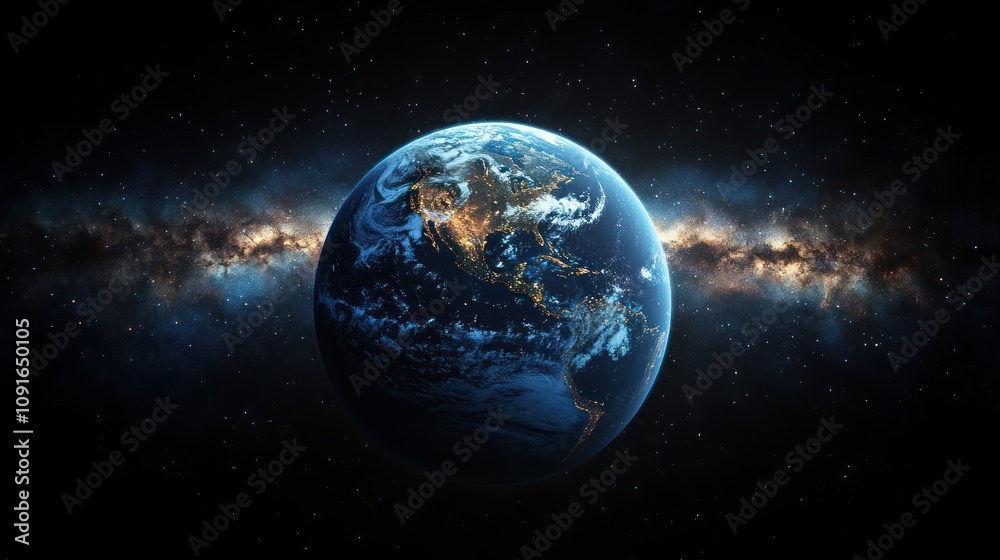 Obraz premium Earth seen from space with Milky Way galaxy in background.