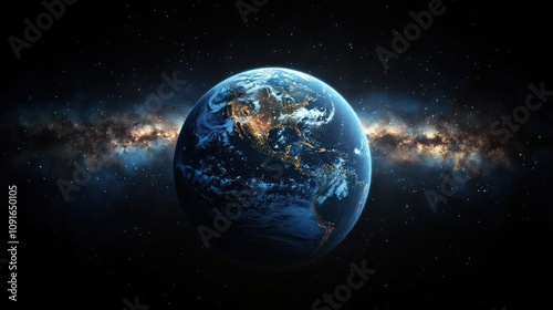 Earth seen from space with Milky Way galaxy in background.