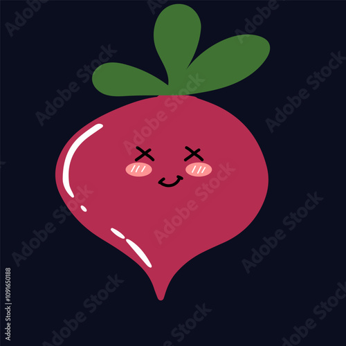 kawaii beetroot emoticon character. Hand drawn Beetroot in doodle style for designing baby clothes. Cartoon purple beetroot character set. Cute beet with banner vector illustration