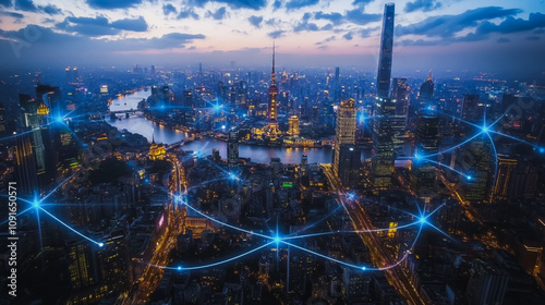 Wallpaper Mural Smart digital Innovation Business skyscrapers in the Financial District with connection network reciprocity over the cityscape. of future smart wireless digital city and social media networking Torontodigital.ca