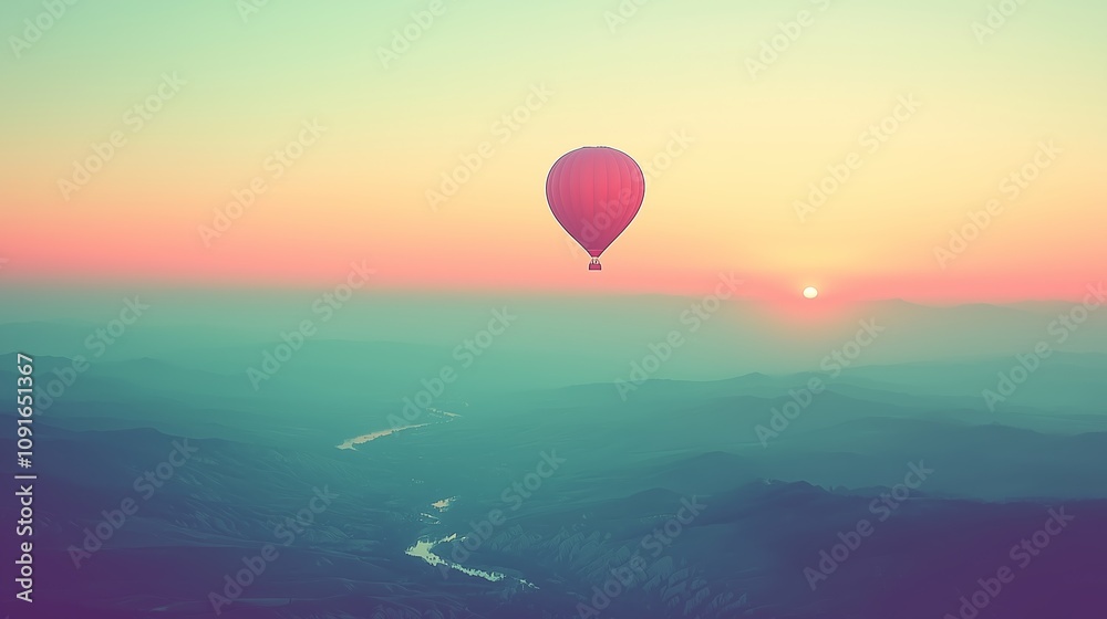 Fototapeta premium A serene digital lithograph capturing a solitary hot air balloon floating peacefully over a vast expanse of misty valleys at sunrise. 