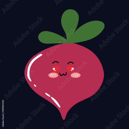 kawaii beetroot emoticon character. Hand drawn Beetroot in doodle style for designing baby clothes. Cartoon purple beetroot character set. Cute beet with banner vector illustration