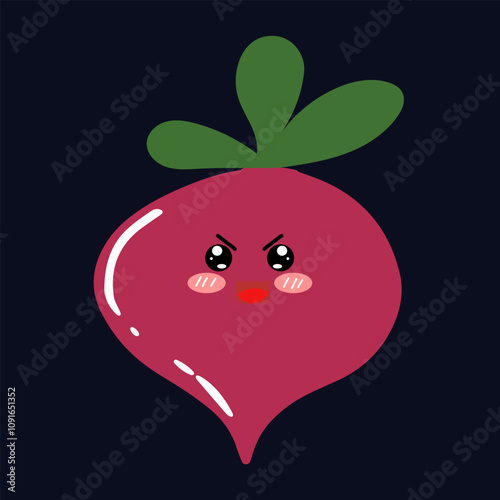 kawaii beetroot emoticon character. Hand drawn Beetroot in doodle style for designing baby clothes. Cartoon purple beetroot character set. Cute beet with banner vector illustration