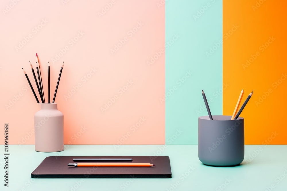 Abstract geometric shapes framing a minimalist agenda, with blocks of color to mark different days