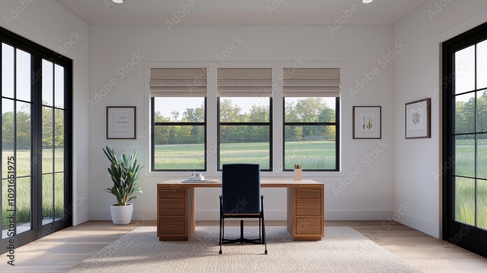 Fototapeta premium Modern Home Office Design Luxury Desk Large Windows Tranquil View