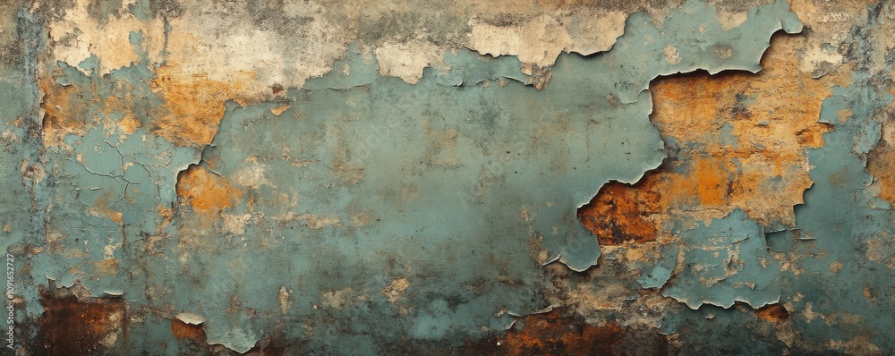 Fototapeta premium Textured wall with peeling paint and rusted metal accents, evoking a gritty atmosphere.