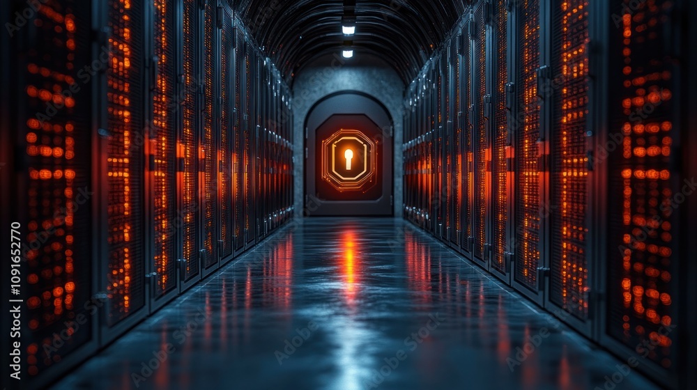 Fototapeta premium Futuristic server room with glowing red lights.