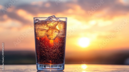 Refreshing fizzy drink in a clear glass filled with ice, illuminated by a vibrant sunset creating a warm, serene atmosphere.