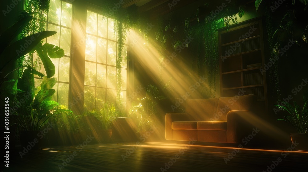 Fototapeta premium Lush indoor oasis featuring a sunlit room bathed in warm rays, adorned with vibrant green plants and a cozy sofa, creating a tranquil and refreshing living space.