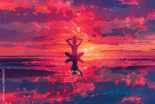 Yoga Pose on Beach at Sunrise isolated illustration