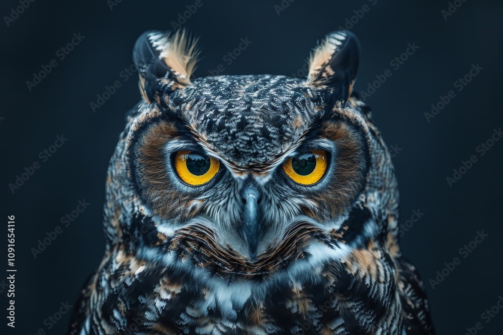 Obraz premium A large great horned owl is perched, displaying its intense yellow eyes and intricate feather patterns, contrasting sharply with the dark backdrop.
