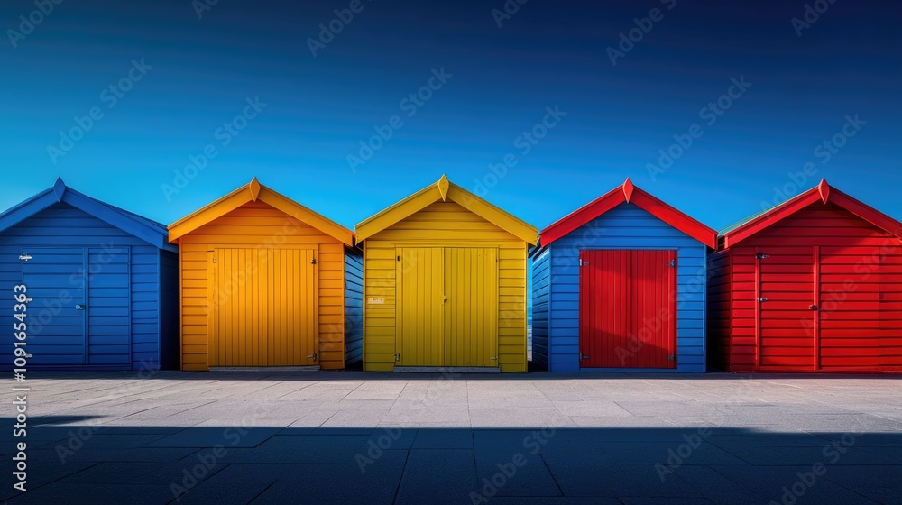 Fototapeta premium Brightly colored beach huts lined up with clear blue sky overhead, offering a picturesque scene with ample space for text display.