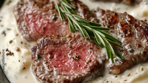 Juicy cooked beef steak topped with creamy bÃ©chamel sauce, garnished with fresh rosemary, showcasing tender pink center and savory herbs. photo