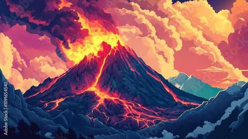 Majestic volcanic eruption with molten lava cascading down a rugged mountain with dramatic ash clouds and fiery red hues. Fiery Volcanic Eruption. Illustration photo