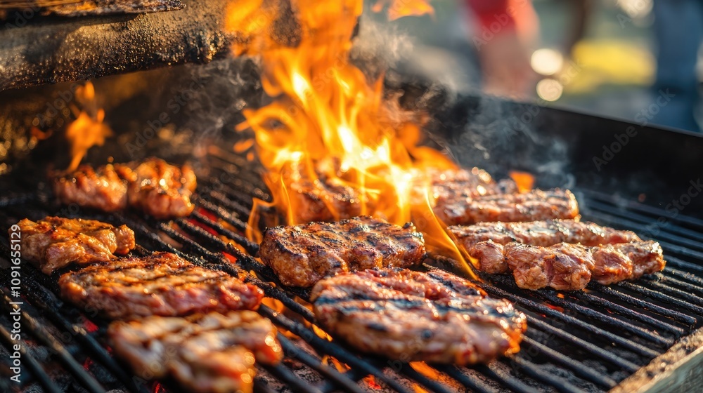 Close-up of vibrant flames leaping from a barbecue grill, enhancing the warm atmosphere while cooking sizzling meat on the grate. Close-up of vibrant flames leaping from a barbecue grill, enhancing the warm atmosphere while cooking sizzling meat on the grate.