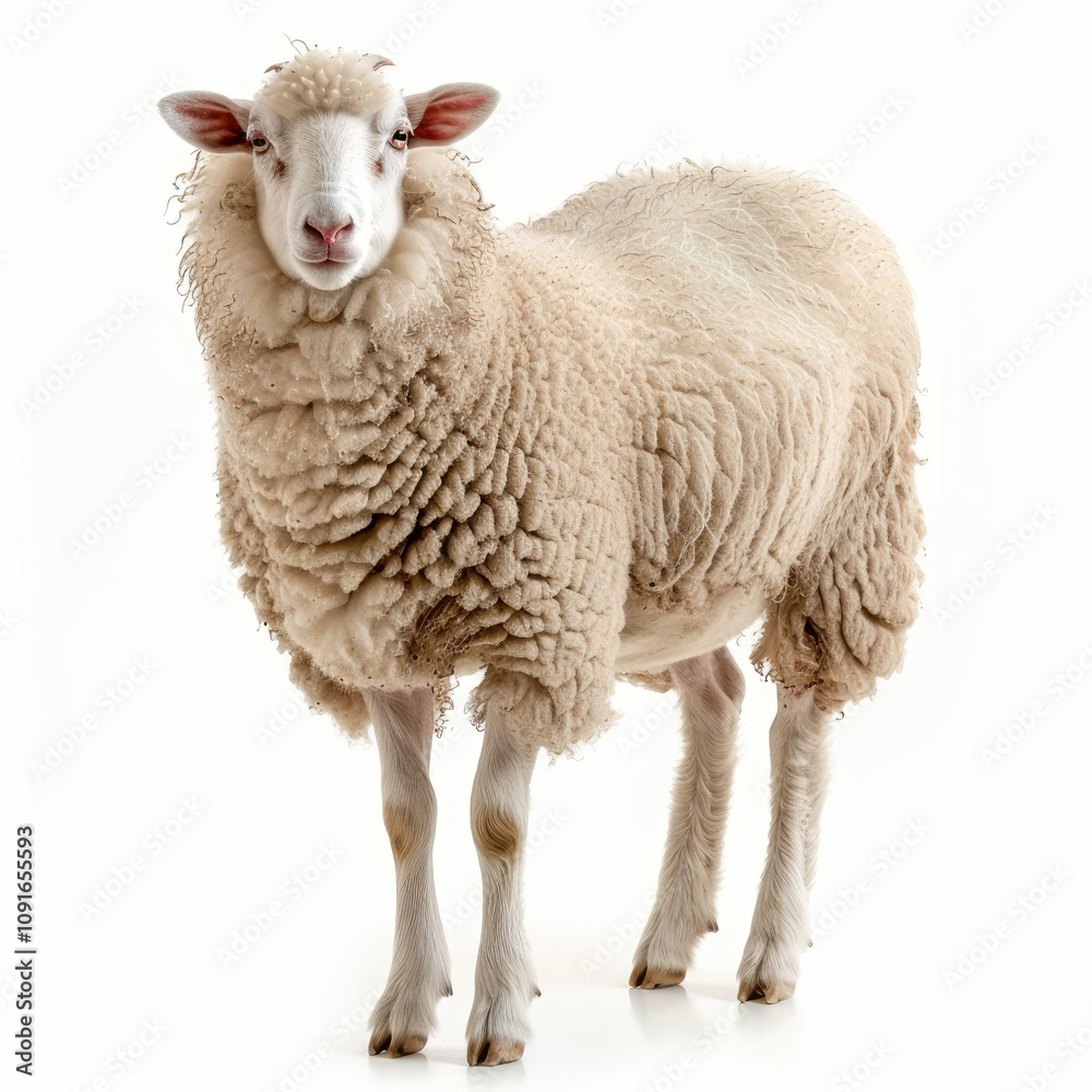 Fototapeta premium Full body portrait of a domestic sheep standing on a white background, looking at the camera