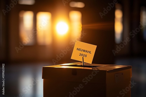 Wahlurne für die Neuwahlen 2025 mit warmem Sonnenlicht im Hintergrund photo