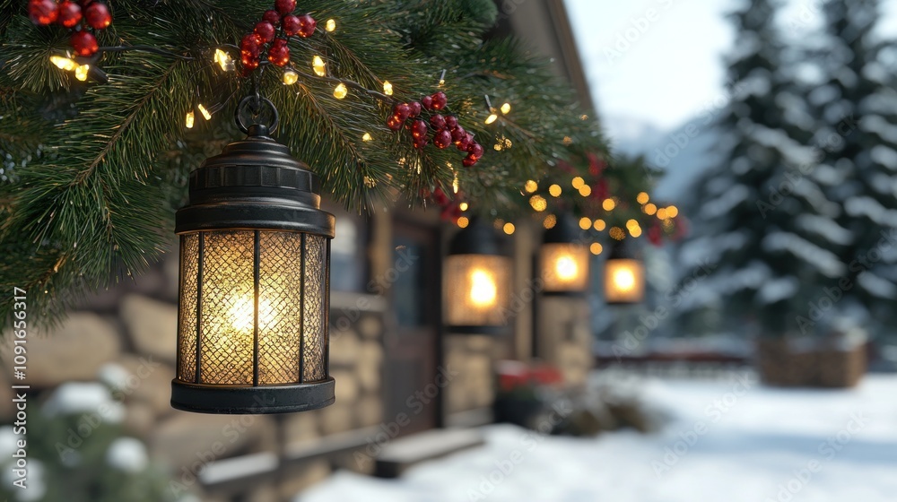 Lantern lights hanging on a pine branch decorated with berries and string lights in front of a rustic cabin in the snow. Lantern lights hanging on a pine branch decorated with berries and string lights in front of a rustic cabin in the snow.