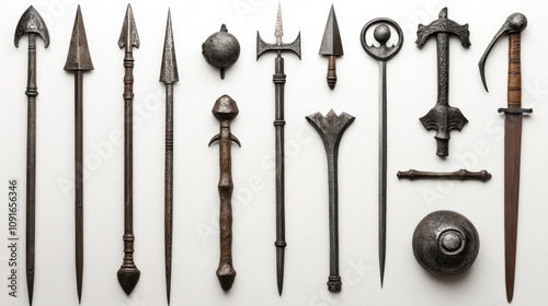 Collection of diverse medieval pike heads showcasing intricate designs and weaponry used in the English civil conflict, highlighting historical craftsmanship.