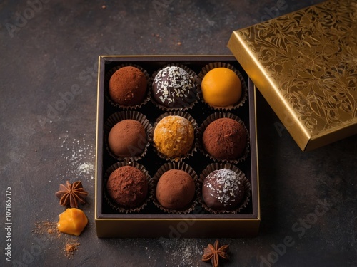 Handmade chocolate truffles dusted with powdered cocoa, perfect for holiday treats photo