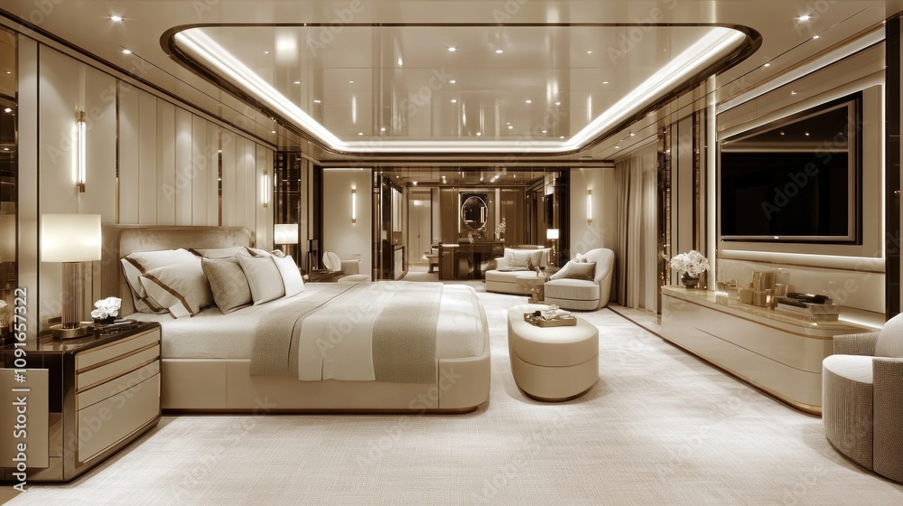 Fototapeta premium Luxurious master bedroom suite with king-size bed, seating area, and modern design.