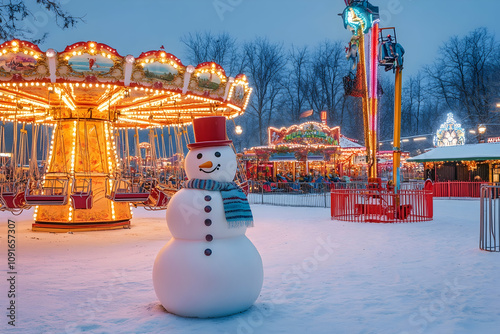 A cheerful snowman stands proudly among colorful carnival rides twinkling in the winter dusk