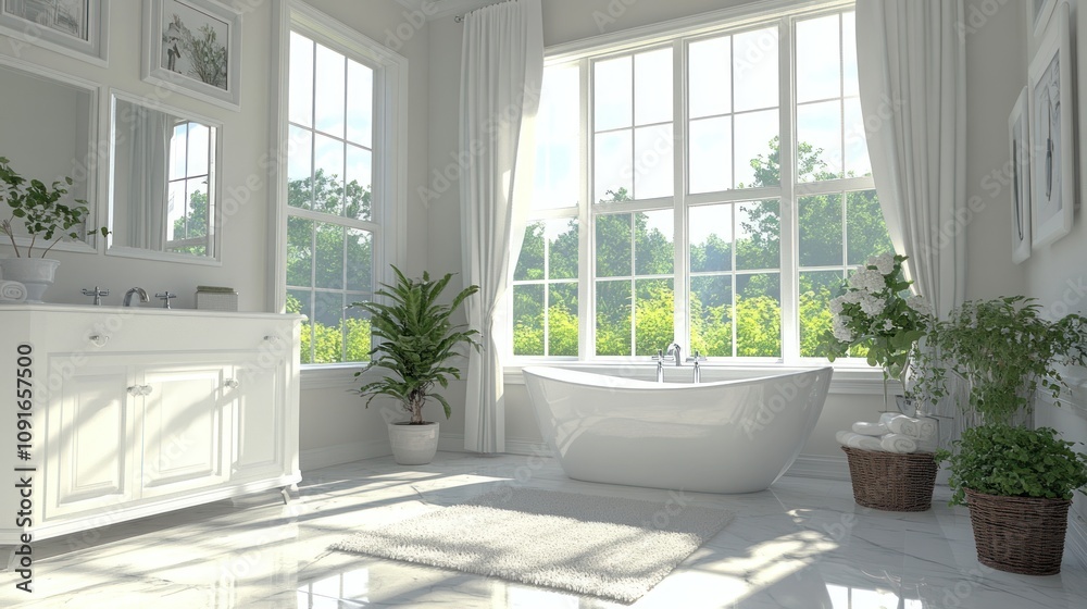 Fototapeta premium Luxurious white bathroom with a freestanding bathtub, large windows, and plants.
