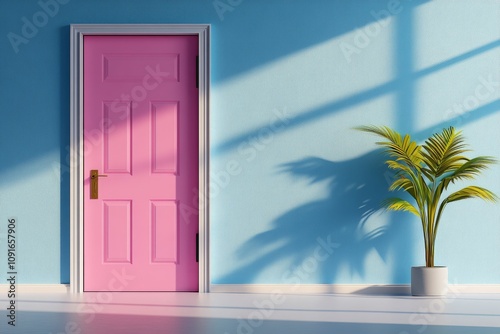 Ajar door drawn in minimalist geometry, a rectangle ajar with light rays in a gradient background photo