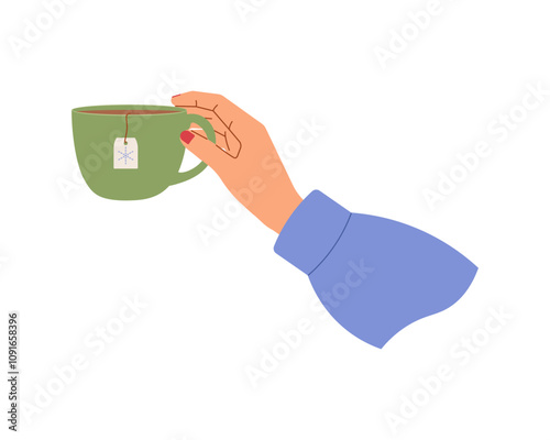 Female hand holding cup of tea. Vector illustration for cozy designs, cafe promotions, and warm, comforting visuals