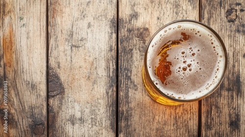 Chilled glass of fresh beer on rustic wooden surface, perfect for celebration themes, featuring ample space for text on a card, banner, poster, or flyer.