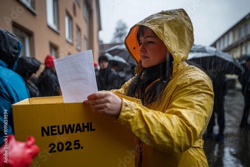 Wählen im Regen Eine Frau gibt ihre Stimme in einem gelben Regenmantel während der Wahl 2025 ab photo