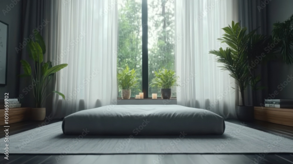 Fototapeta premium Minimalist living room with a futon and large window.