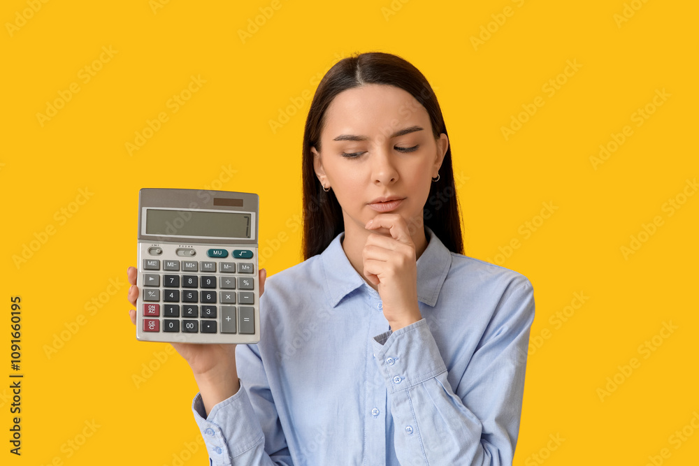 Thoughtful young woman with calculator on yellow background Thoughtful young woman with calculator on yellow background